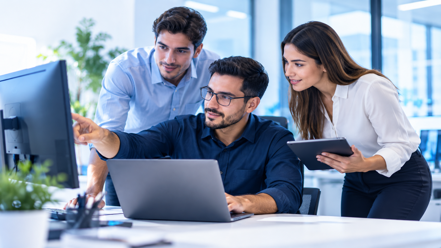 Personas trabajando juntas frente a un computador